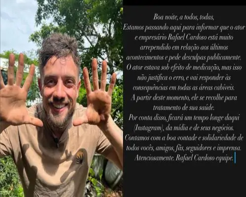 ''Estava sob efeito de medicação'': Rafael Cardoso se desculpa após denúncia de agressão